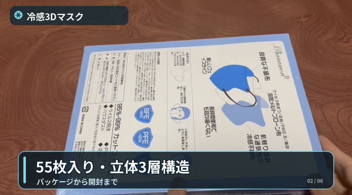 冷感3Dマスクの箱裏面と立体3層構造の表示