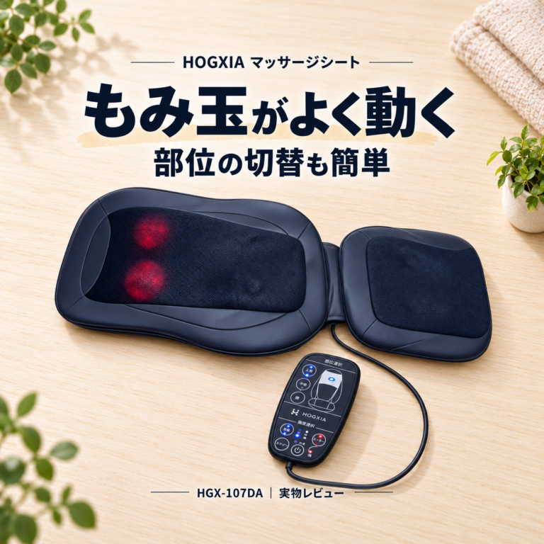HOGXIA HGX-107DAマッサージシートの実物をもとにした、もみ玉の動きと部位切替を紹介するアイキャッチ