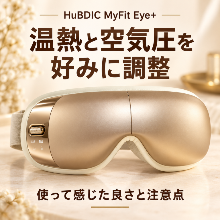 HuBDIC MyFit Eye+ HEM-9のシャンパンゴールドの本体と「温熱と空気圧を好みに調整」の見出し